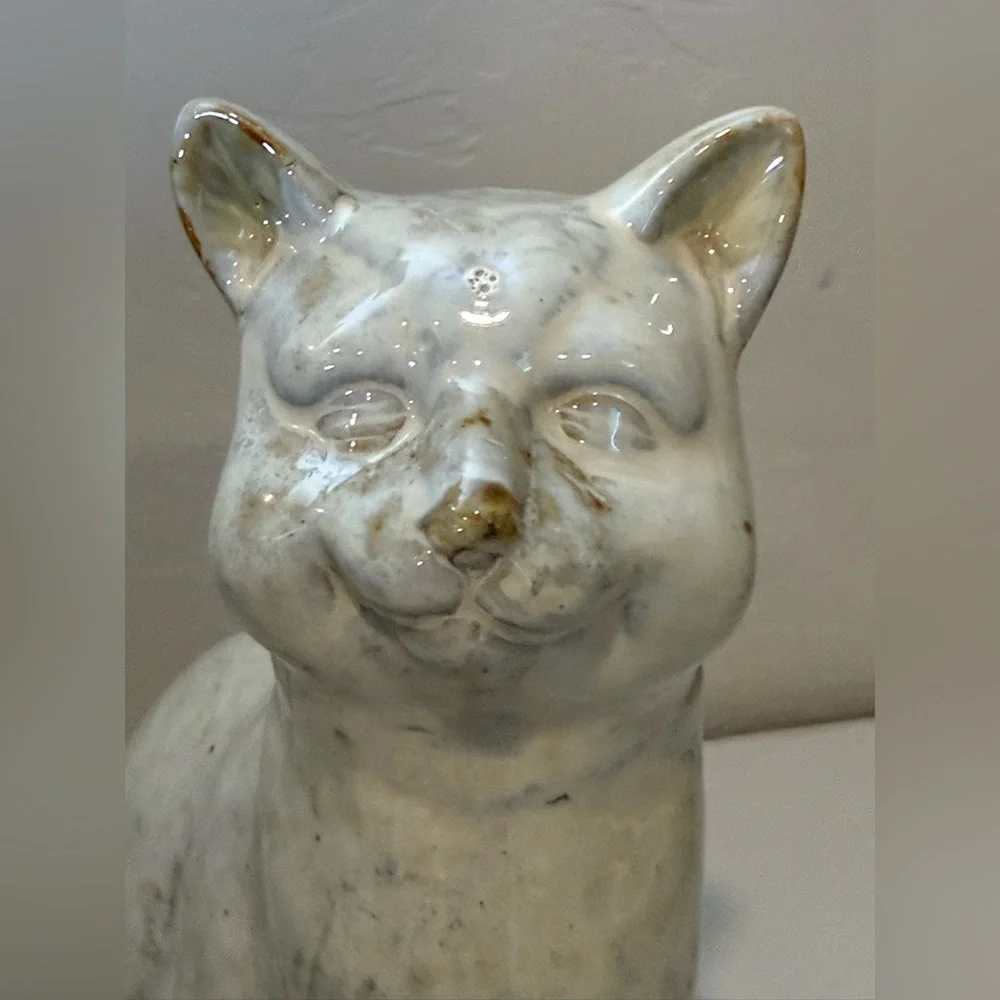 Vintage Pottery Large Smiling‎ Tall Cat Sculpture Figurine Glazed Folk Art Heavy